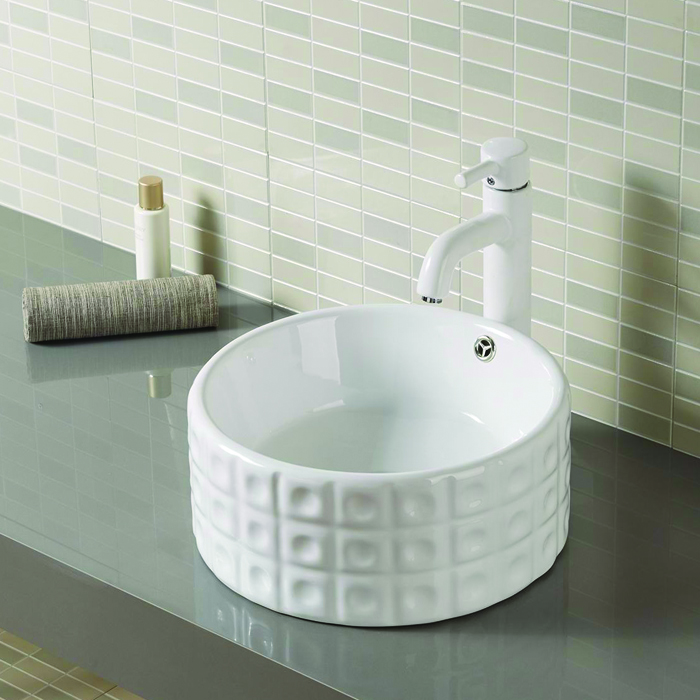 Lavabo de encimera redondo de diseño elegante de una sola cocción a alta temperatura en blanco brillante