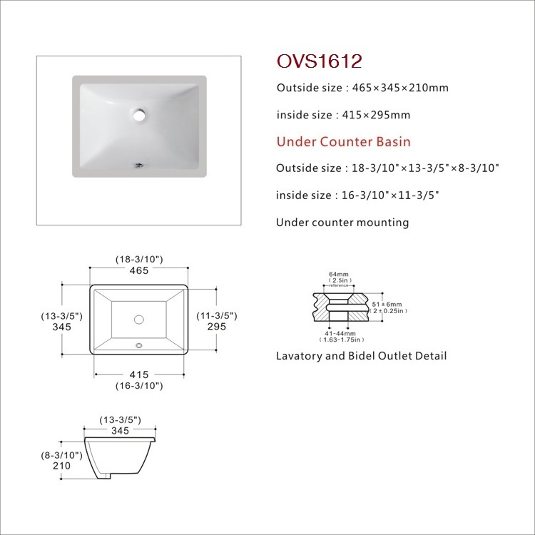 Lavabo de cerámica rectangular bajo encimera