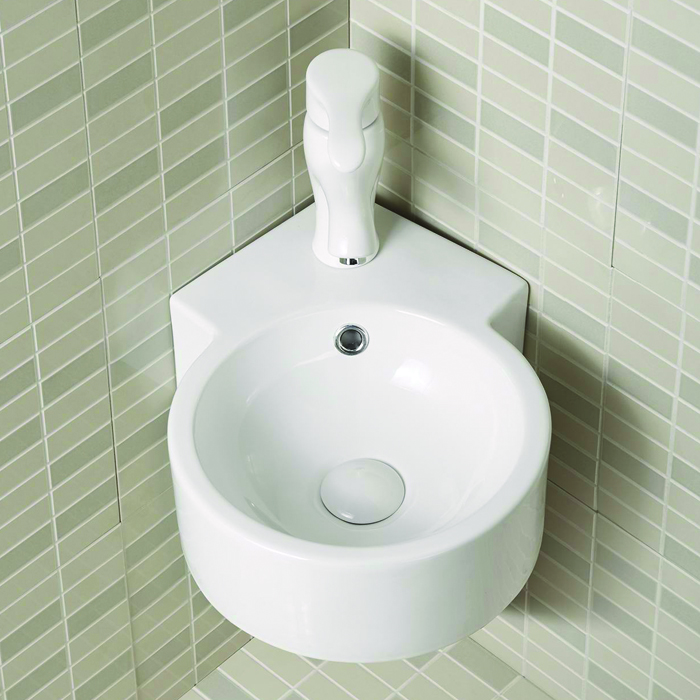 lavabo de pedestal para baño pequeño suspendido en la pared de esquina